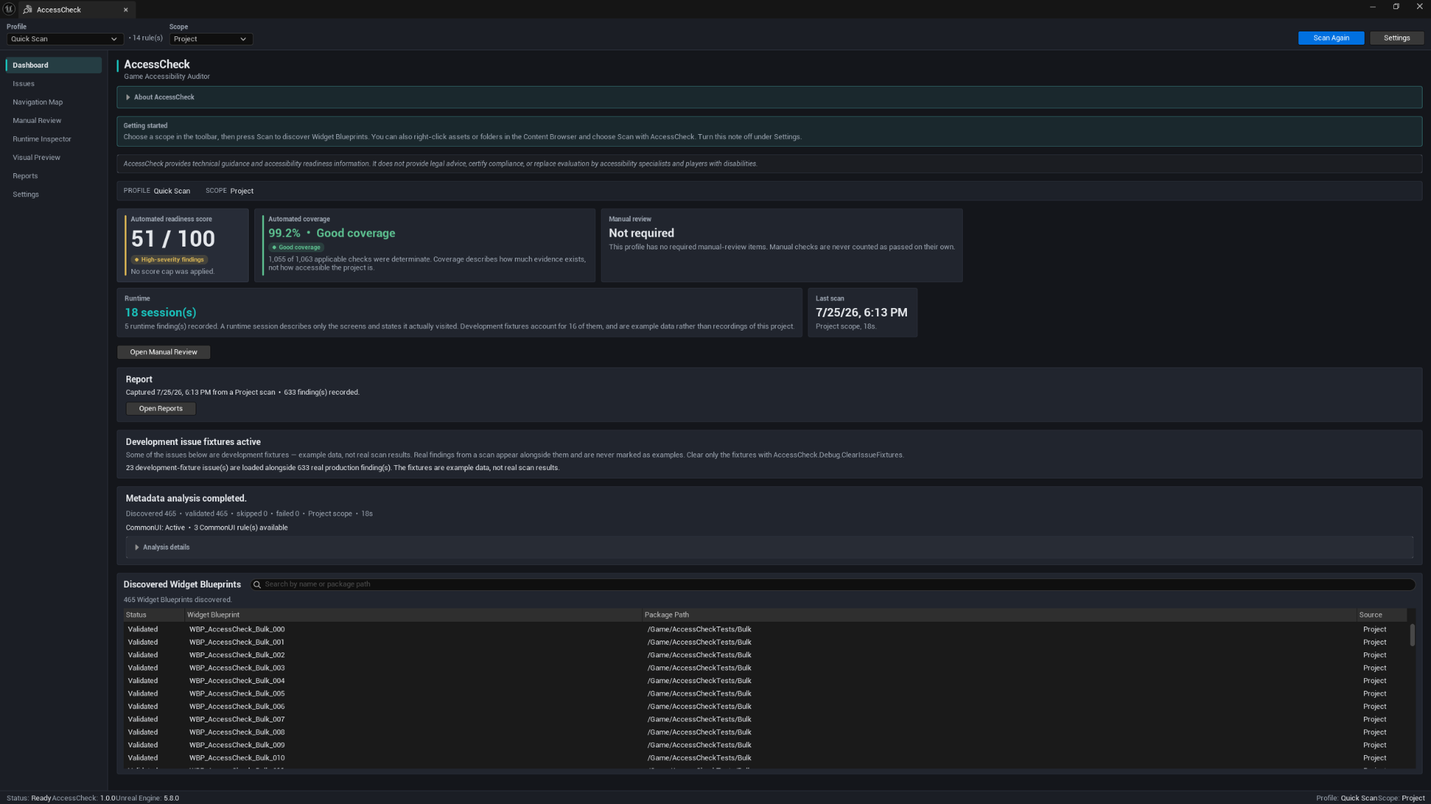 AccessCheck Dashboard showing readiness score, coverage, manual review, runtime sessions, and discovered Widget Blueprints