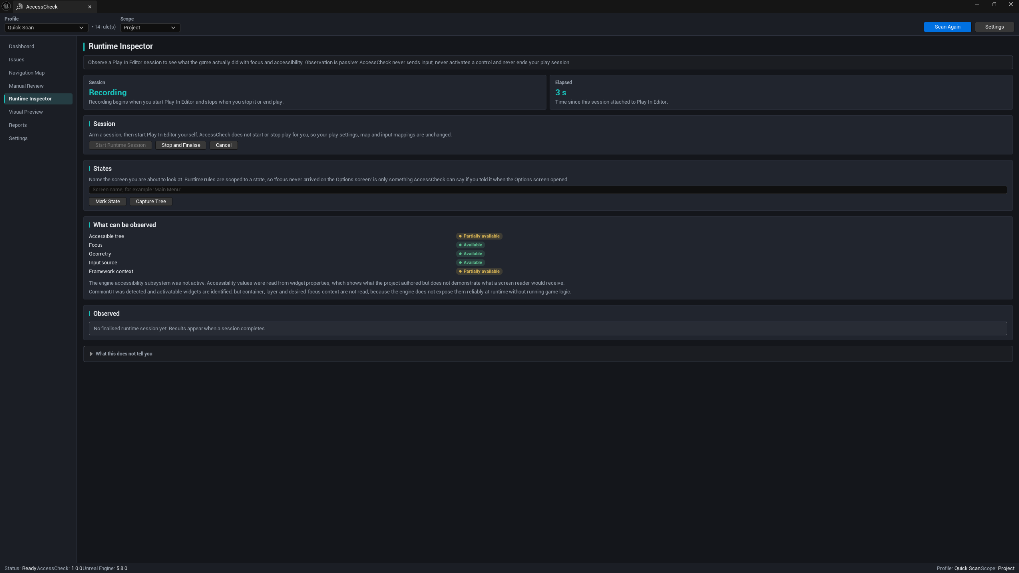 AccessCheck Runtime Inspector recording a Play-In-Editor session