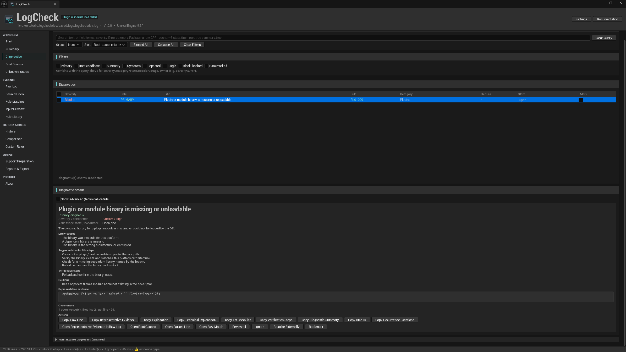 LogCheck Diagnostics workspace with filters, recognised issues, detailed guidance, evidence, and next actions