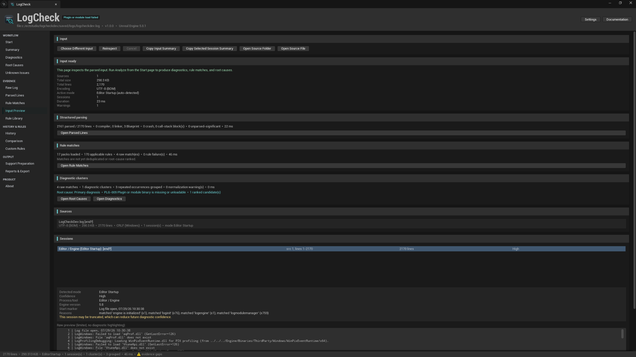 LogCheck Input Preview showing source details, parsing results, rule matches, sessions, and detected mode