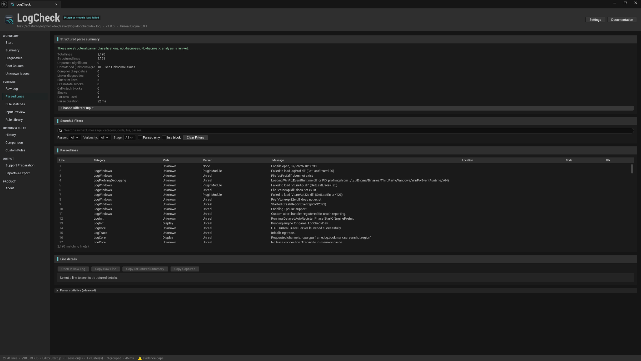 LogCheck Parsed Lines page showing structural parser classifications, messages, and line details