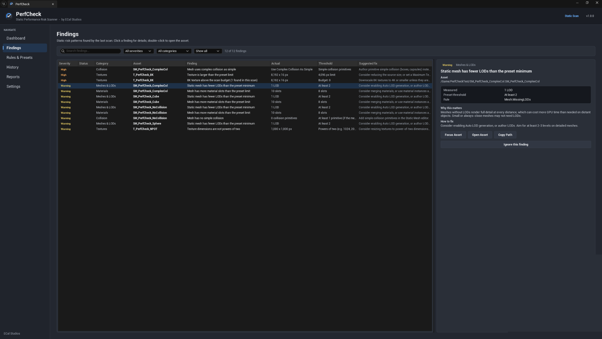 PerfCheck Findings page with filters, result table, and selected-finding details