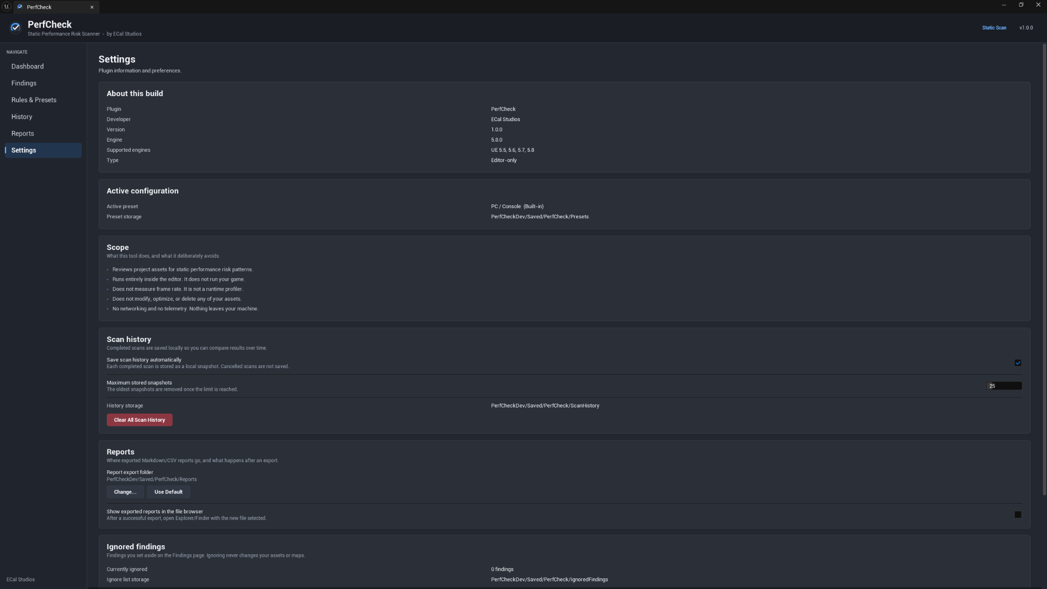 PerfCheck Settings page